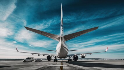 Poster - A large airplane sitting on a runway with two vehicles parked next to it, AI