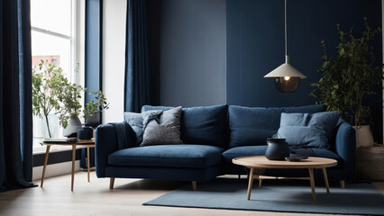 Poster - Stylish living room with large blue sectional sofa round coffee table and pendant light