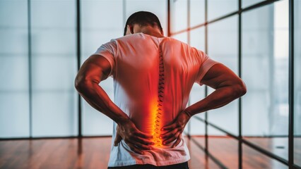 Canvas Print - A man with a back pain in the room, AI