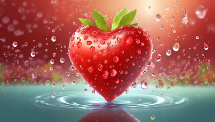 Red heart shaped object with water splashing on it