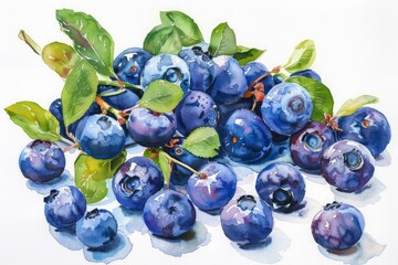 Poster - Watercolor painting representing fresh blueberries with leaves, creating a vibrant and detailed composition