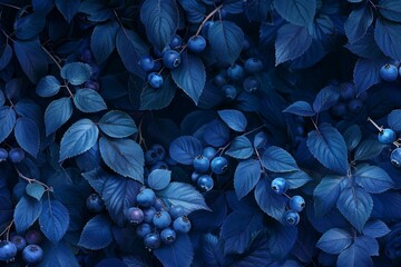 Sticker - Ripe blueberries growing on a bush covered with rich green leaves in a color of the year 2020 concept