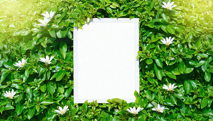 Wall Mural - White billboard on spring summer green leaves background