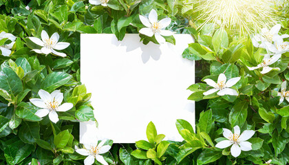 Wall Mural - White billboard on spring summer green leaves background