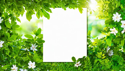 Wall Mural - White billboard on spring summer green leaves background