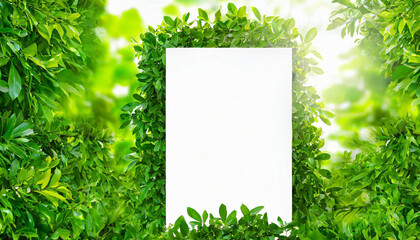 Wall Mural - White billboard on spring summer green leaves background