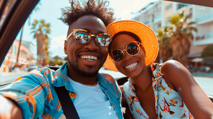 A couple in love take a portrait of their summer vacation in a convertible car in Miami Florida. Both are wearing sunglasses, smiling at the camera, dressed in casual clothes.