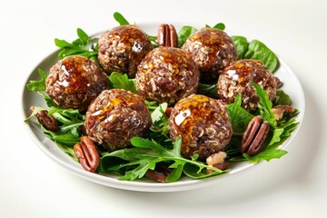 tasty date bran jingle balls with mixed greens and pecans