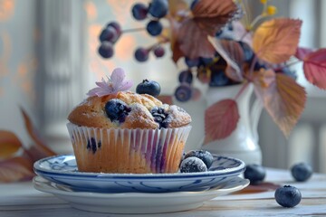 Sticker - Blueberry muffin sitting on a plate with a blueberry branch in the background