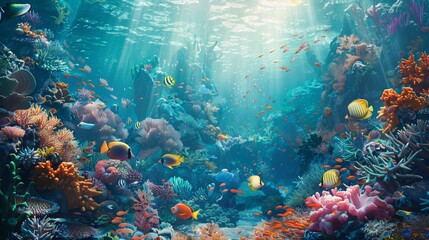 Coral reef with tropical fish, colorful sea wildlife