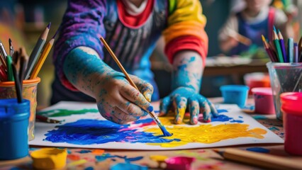 Poster - A child painting with a brush on colorful paper, AI