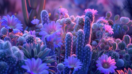 Wall Mural - Blooming Blue Marguerite flowers and cactus in nature garden with 2018 ultraviolet hue