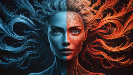 Canvas Print - A woman with blue hair and red skin is shown in two different colors, AI