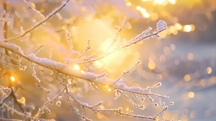 Sticker - Close up of snow-covered branch with sun shining on it, Golden sunlight filtering through branches