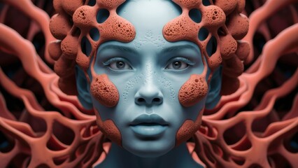 Poster - A woman with a face made of coral and other things, AI