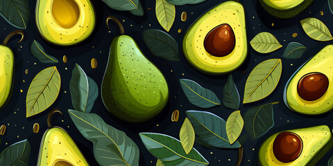 Wall Mural - Abstract seamless background with multiple avocados, both whole and halved, arranged against a lush backdrop of green leaves.