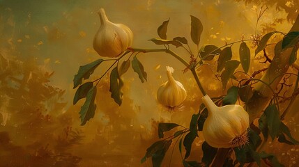 Poster -   Garlic on branch with leaves & flowers in foreground, leaves & flowers in background painting