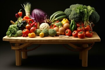 Wall Mural - Variety of vibrant vegetables artistically arranged on a rustic wooden table against a dark background