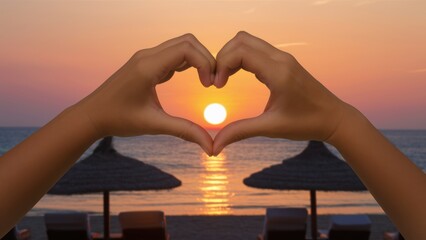 Poster - A person making a heart shape with their hands at sunset, AI