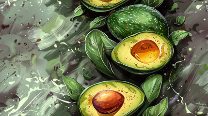 Wall Mural - Abstract seamless background depicting  halved avocados with leaves on an creative green backdrop.