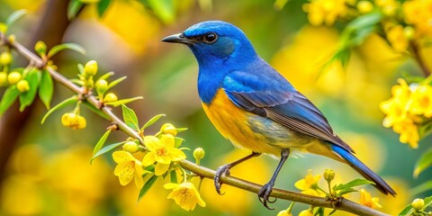 blue and yellow bird perched on a branch of yellow flowers, nature, wildlife, bird photography, avia