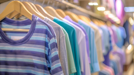 Wall Mural - A row of shirts hanging on a rack, with a variety of colors and patterns. The shirts are neatly arranged, and the overall mood of the image is that of a clothing store or a wardrobe