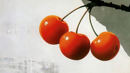 Poster -   Three cherries dangling from a branch with water drops on white paper