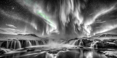 Northern Lights Dance Over a Serene Waterfall, Iceland, Black and White, Aurora Borealis, Waterfall, Landscape, Nature, Iceland, Night Sky