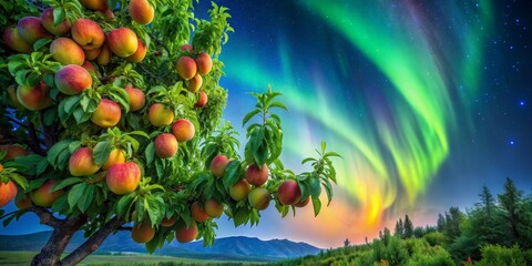 Northern Lights Illuminating a Peach Tree, Digital Art, Aurora Borealis, Peach Orchard, Starry Night,  astrophotography, nature, landscape
