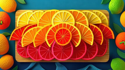 Poster -   A blue surface holds a cutting board with orange slices and oranges in piles nearby