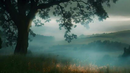 Poster - A mist envelops the landscape, with a single tree in the background emerging through the hazy backdrop, Illuminating the landscape with its gentle glow