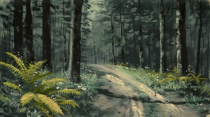 Poster -  A forest path lined with ferns and flowers