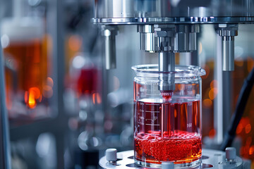 A Glimpse Into The World Of Microbiology: A Bioreactor Stirring A Vibrant Red Culture In A Laboratory Setting