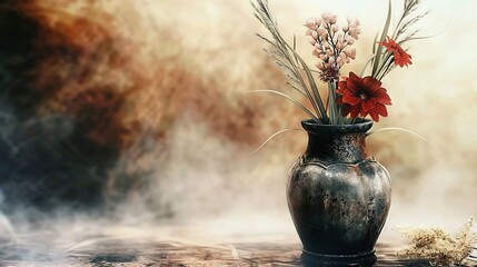 Poster -   A black vase holds red flowers, resting on a table near a pile of dried grass and smoke