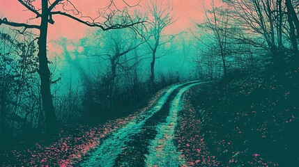 Wall Mural -   A painting of a dirt road surrounded by trees in a forest with a vibrant sky above The colors blend seamlessly for a captivating visual experience