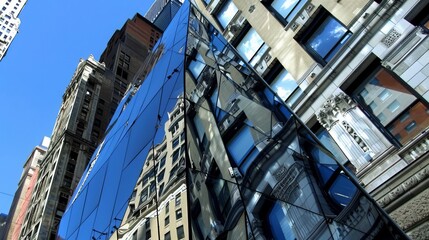 Wall Mural - City buildings with mirrored facades reflect the surrounding landscape, creating a visually striking scene.