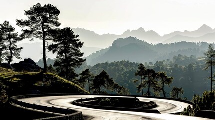 Poster -  A winding road is flanked by trees on either side and is surrounded by majestic mountains in the distant background