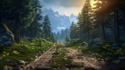 Canvas Print -   A dirt path through the woods, surrounded by rocks and greenery, leads to a majestic mountain in the distance