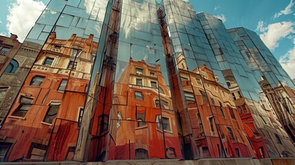 Wall Mural - City buildings with mirrored facades reflect the surrounding landscape, creating a visually striking scene.