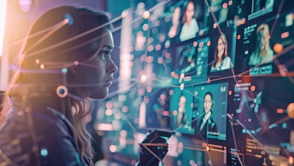 Poster - A woman is engrossed in watching multiple individuals on a digital display, videory of a digital platform facilitating collaborative discussions during a call