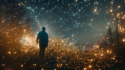 Wall Mural - A person is walking through a dark forest illuminated by moonlight and fairy lights, Imagine a fantastical world where fairy lights create a mesmerizing constellation in the night sky