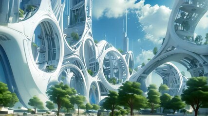 Sticker - A futuristic city with sleek white buildings and trees, blending modern architecture with nature elements, Imagine a futuristic version of the campus with advanced technology