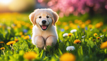 Poster - A dog golden retriever puppy with a happy face runs through the colorful lush spring green grass