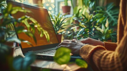 Canvas Print - The hands on laptop in greenery