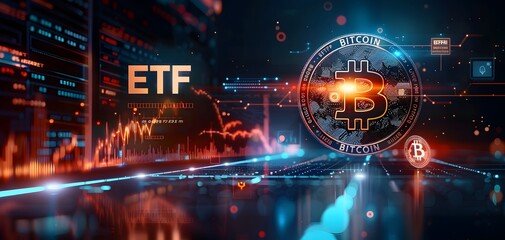 Wall Mural - Crypto and bitcoin exchange traded fund (ETF) or spot price application gets approved. Stock exchanges concept as wide banner design with information data.