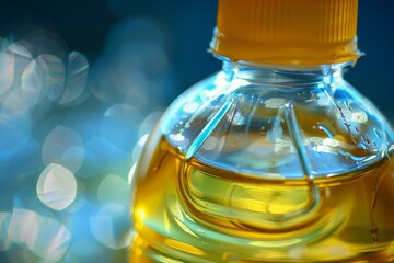 Close up of a plastic bottle full of yellow liquid reflecting blue bokeh lights