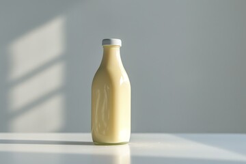 Sticker - Glass bottle full of milk is standing on a white table with a window shadow in the background