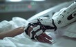 © jaykoppelman - A robot hand gently holding a human hand in a hospital bed symbolizing connection, the future of healthcare, and human-robot AI interaction with advanced technology