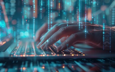 Wall Mural - Hands typing on a laptop keyboard with digital binary code in the background representing technology and coding