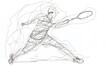 © panumas - A geometric line drawing of a badminton player with a racket.